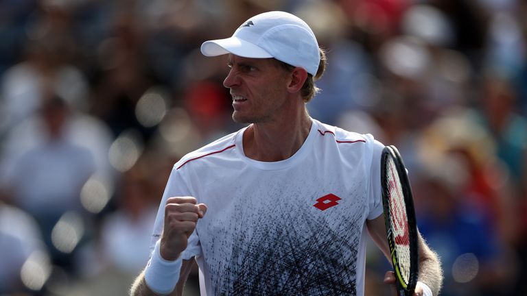 Kevin Anderson of South Africa celebrates a point against Stefanos Tsitsipas of Greece during a semi final match on Day 6 of the Rogers Cup at Aviva Centre on August 11, 2018 in Toronto, Canada. 