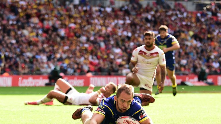 Picture by Alex Broadway/SWpix.com - 25/08/2018 - Rugby League - Ladbrokes Challenge Cup Final - Catalans Dragons v Warrington Wolves - Wembley Stadium, London, England - George King of Warrington Wolves scores a try.