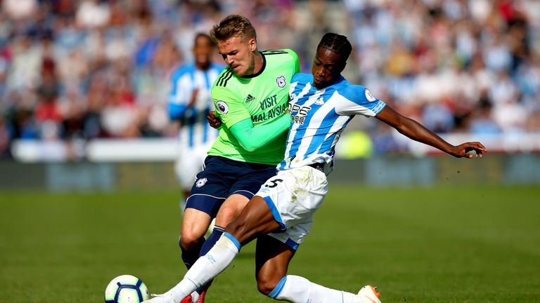  during the Premier League match between Huddersfield Town and Cardiff City at John Smith's Stadium on August 25, 2018 in Huddersfield, United Kingdom.