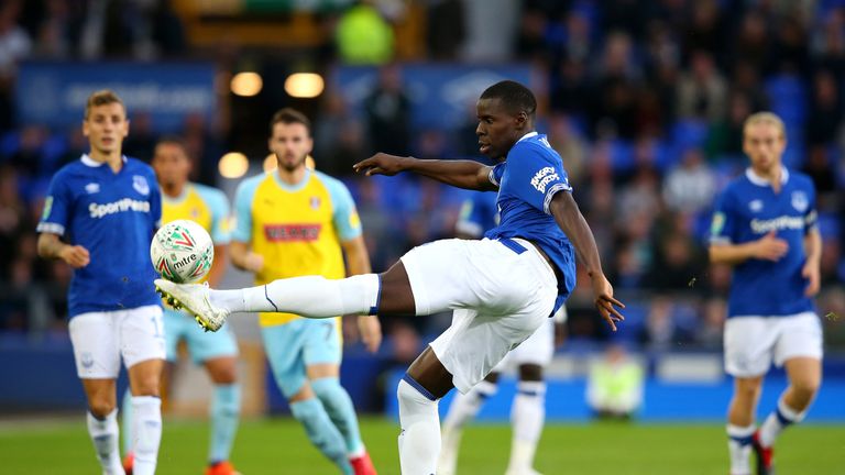 Kurt Zouma clears the ball in Everton's game against Rotherham