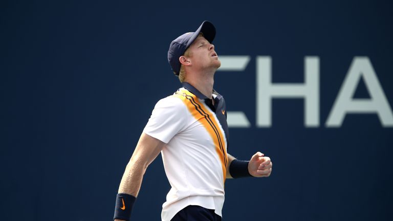 Kyle Edmund of Great Britain reacts in his mens singles first round match against Paolo Lorenzi of Italy on Day One of the 2018 US Open at the USTA Billie Jean King National Tennis Center on August 27, 2017 in the Flushing neighborhood of the Queens borough of New York City.
