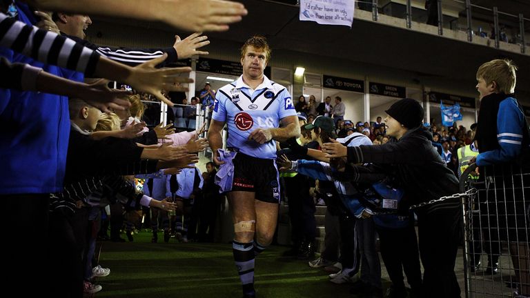 SYDNEY, AUSTRALIA - APRIL 19:  Lance Thompson of the Sharks walks onto the field for the last time during the round six NRL match between the Cronulla Sharks and the Penrith Panthers at Toyota Stadium on April 19, 2008 in Sydney, Australia.  (Photo by Brendon Thorne/Getty Images)