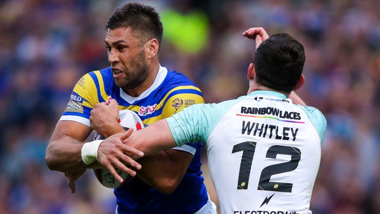 Picture by Alex Whitehead/SWpix.com - 20/07/2018 - Rugby League - Betfred Super League - Leeds Rhinos v Widnes Vikings - Headingley Carnegie Stadium, Leeds, England - Leeds' Joel Moon is tackled by Widnes' Matt Whitley.