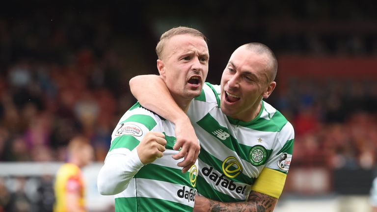 Celtic's Leigh Griffiths (L) celebrates his goal with Scott Brown.