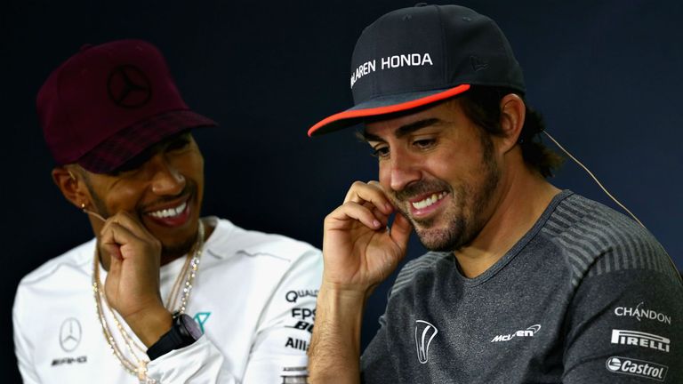 Fernando Alonso of Spain and McLaren Honda and Lewis Hamilton of Great Britain and Mercedes GP in the Drivers Press Conference during previews for the Canadian Formula One Grand Prix at Circuit Gilles Villeneuve on June 8, 2017 in Montreal, Canada.