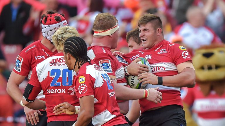 The Lions celebrate a try for Malcolm Marx during their Super Rugby semi-final victory over the Waratahs