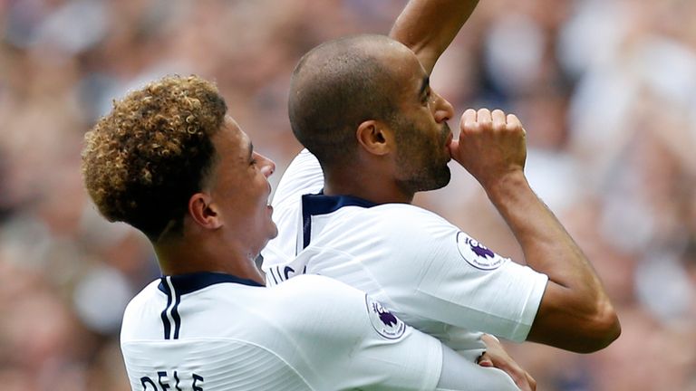Tottenham&#39;s Lucas Moura celebrates his goal against Fulham with Dele Alli.