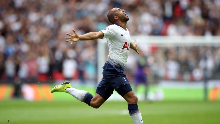 Tottenham Hotspur's Lucas Moura celebrates scoring his side's first goal of the game v Fulham during the Premier League match at Wembley Stadium, London
