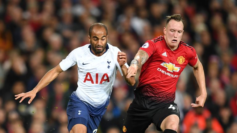 Lucas Moura and Phil Jones battle for possession