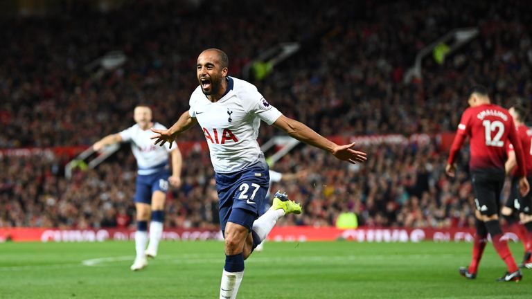 Lucas Moura celebrates his first goal at Old Trafford