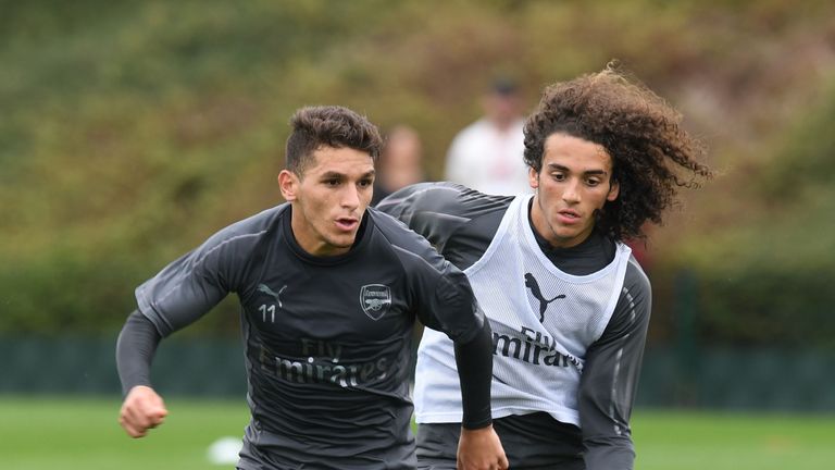 Lucas Torreira and Matteo Guendouzi in action during a training session at London Colney on August 22, 2018