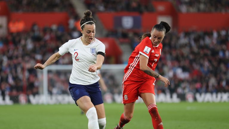 Lucia Bronze of England and Natasha Harding of Wales challenge for the ball during the Women&#39;s World Cup Qualifier match between England and Wales at St Mary&#39;s Stadium on April 6, 2018 in Southampton, England. 