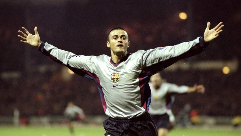 Luis Enrique celebrates scoring for Barcelona against Arsenal