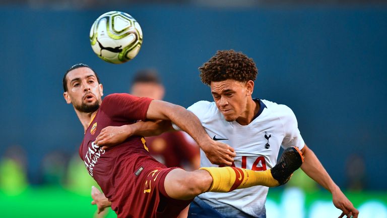 Luke Amos competes with Javier Pastore during Tottenham's 4-1 defeat of Roma in the 2018 International Champions Cup