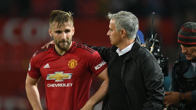 Manager Jose Mourinho consoles Luke Shaw after the loss to Tottenham at Old Trafford