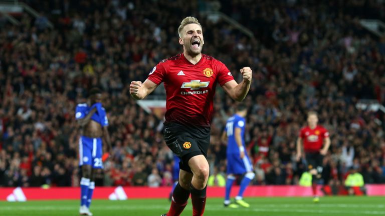 Luke Shaw celebrates doubling Manchester United's lead