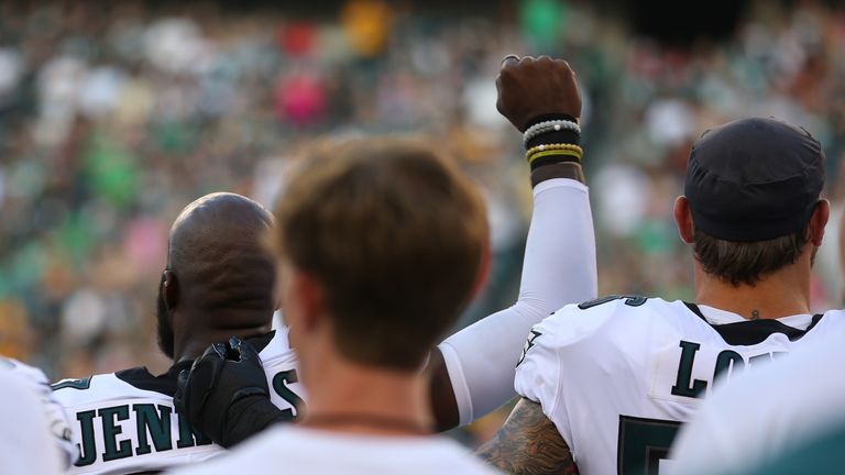 Malcolm Jenkins taking a stand during anthem during the pre-season 