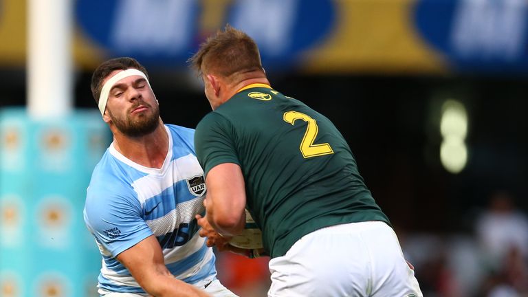 Marcos Kremer of Argentina looks to tackle Malcolm Marx of South Africa during the Rugby Championship match between South Africa and Argentina at Jonsson Kings Park on August 18, 2018 in Durban
