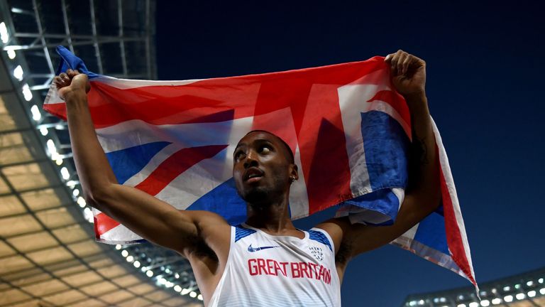 Matthew Hudson-Smith of Great Britain celebrates winning Gold in the Men's 400m Final during day four of the 24th European Athletics Championships at Olympiastadion on August 10, 2018 in Berlin, Germany. 