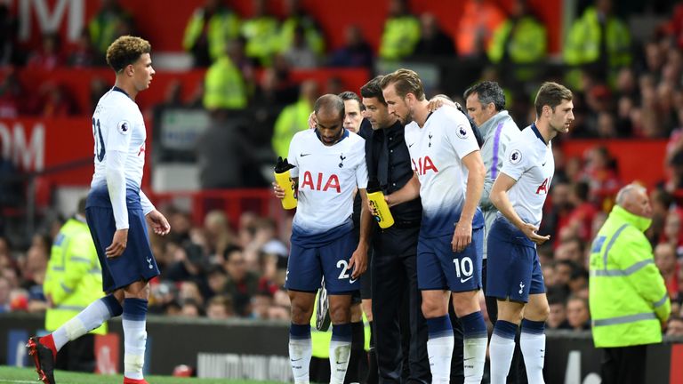 Tottenham Hotspur manager Mauricio Pochettino speaks to his forward pairing of Lucas Moura and Harry Kane