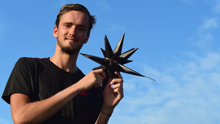 Daniil Medvedev celebrates winning the ATP Winston-Salem title