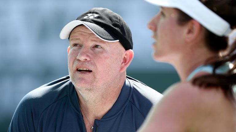Coach Michael Joyce confers with Johanna Konta of Great Britain in her macth against Marketa Vondrousova of Czech Republic during the BNP Paribas Open at the Indian Wells Tennis Garden on March 9, 2018 in Indian Wells, California. 