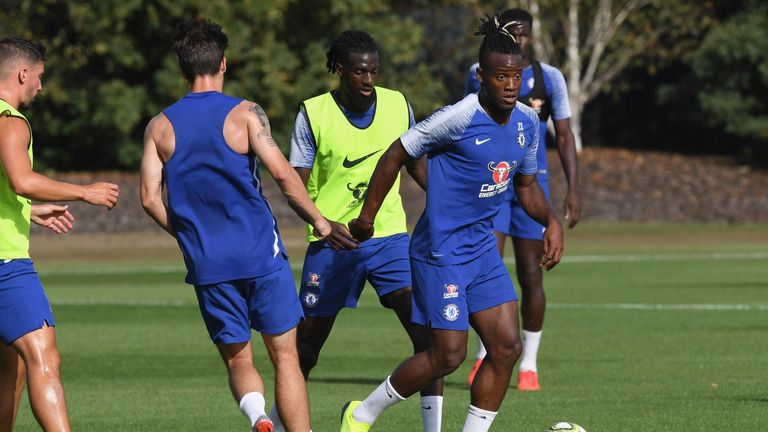 Michy Batshuayi during a training session at Chelsea Training Ground