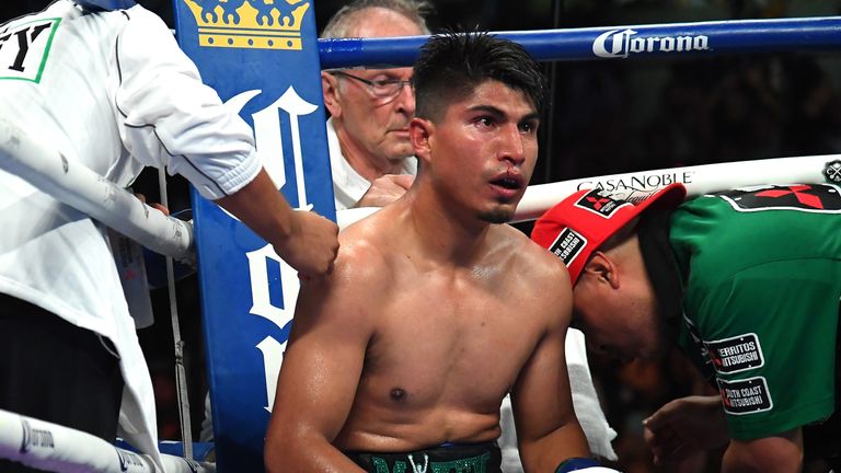 Mikey Garcia sits in corner during his WBC & IBF World Lightweight Title fight agaisnt Robert EasterJr , July 28, 2018
