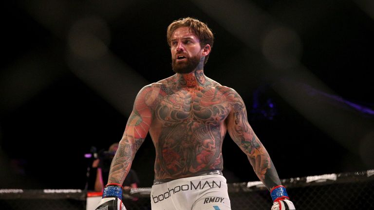 Aaron Chalmers of England celebrates victory after his Welterweight fight against Alex Thompson of England during BAMMA 31 at SSE Arena Wembley on September 15, 2017 in London, England.