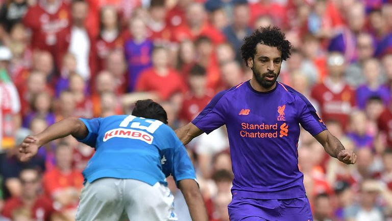 Mohamed Salah of Liverpool in action during the friendly against Napoli