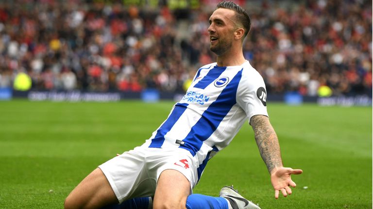 Shane Duffy of Brighton and Hove Albion celebrates after scoring his team's second goal during the Premier League match between Brighton & Hove Albion and Manchester United at American Express Community Stadium on August 19, 2018 in Brighton, United Kingdom.