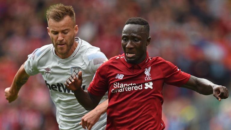 Liverpool's Naby Keita and Andriy Yarmolenko of West Ham United in action at Anfield
