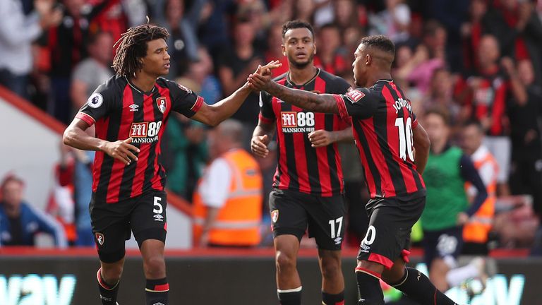 Nathan Ake celebrates his 79th minute equaliser with teammates