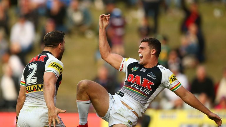 Nathan Cleary of the Panthers celebrates scoring a try during the round 20 NRL match between the Manly Sea Eagles and the Penrith Panthers at Lottoland on July 28, 2018 in Sydney, Australia.