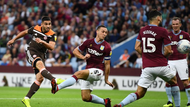  during the Sky Bet Championship match between Aston Villa and Brentford at Villa Park on August 22, 2018 in Birmingham, England.