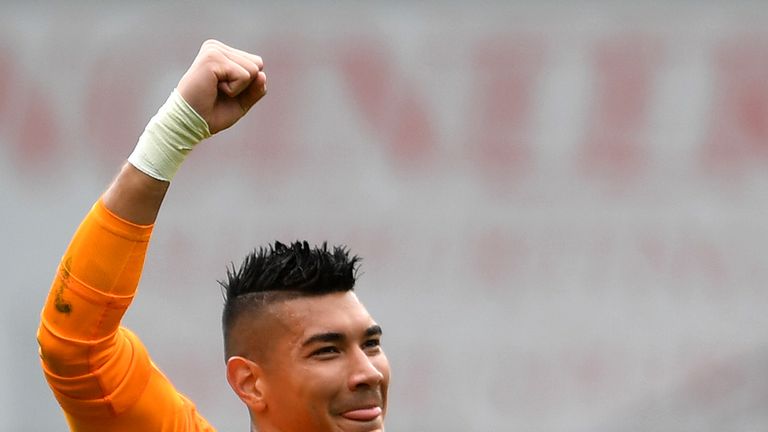 Neil Etheridge of Cardiff City celebrates on the final whistle after saving a last-minute penalty from Kenedy of Newcastle United (not pictured) during the Premier League match between Cardiff City and Newcastle United at Cardiff City Stadium on August 18, 2018 