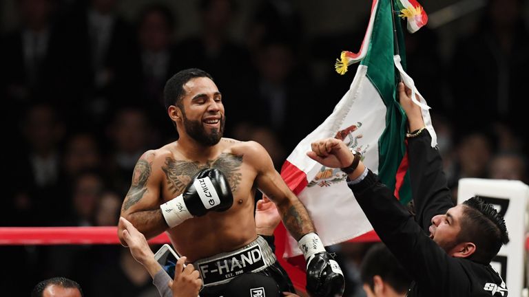 Luis Nery of Mexico celebrates winning his fight against Shinsuke Yamanaka of Japan in second round during their WBC bantamweight title bout  on March 1, 2018 in Tokyo, Japan. 