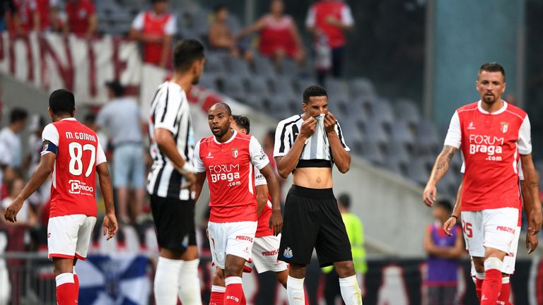 Isaac Hayden reacts after Newcastle concede a goal against Braga