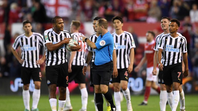 Salomon Rondon protested with the referee after Nottingham Forest scored their third goal moments after Newcastle's penalty claims were waved away