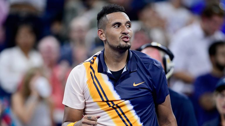 Nick Kyrgios of Australia celebrates victory during his men's singles first round match against Radu Albot of Moldova on Day Two of the 2018 US Open at the USTA Billie Jean King National Tennis Center on August 28, 2018 in the Flushing neighborhood of the Queens borough of New York City. (