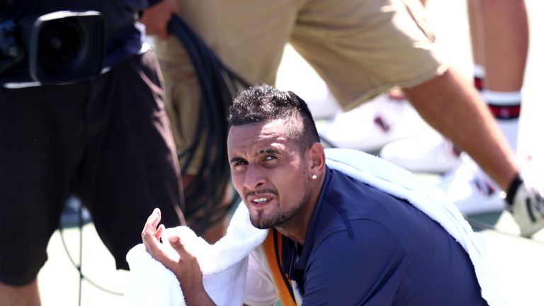 Nick Kyrgios of Australia takes a break during his men's singles second round match against Pierre-Hugues Herbert of France on Day Four of the 2018 US Open at the USTA Billie Jean King National Tennis Center on August 30, 2018 in the Flushing neighborhood of the Queens borough of New York City. 