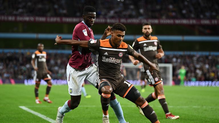 Ollie Watkins of Brentford battles for possession with Aston Villa's Axel Tuanzebe