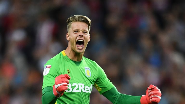 Orjan Nyland celebrates during the Sky Bet Championship match between Aston Villa and Brentford at Villa Park