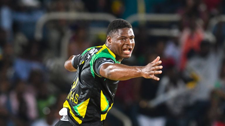 KINGSTON, JAMAICA - AUGUST 30: In this handout image provided by CPL T20, Oshane Thomas of Jamaica Tallawahs celebrates the dismissal of Carlos Brathwaite of St Kitts & Nevis Patriots during Match 26 of the 2017 Hero Caribbean Premier League between Jamaica Tallawahs and St Kitts & Nevis Patriots at Sabina Park on August 30, 2017 in Kingston, Jamaica. (Photo by Randy Brooks - CPL T20 via Getty Images) *** Local Caption *** Oshane Thomas