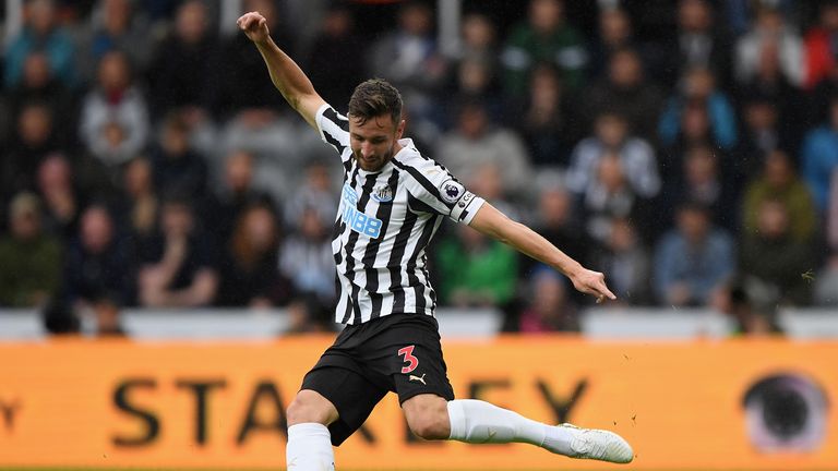 Newcastle defender Paul Dummett in action during the Premier League match between Newcastle United and Chelsea FC at St. James Park on August 26, 2018 in Newcastle upon Tyne, United Kingdom. 