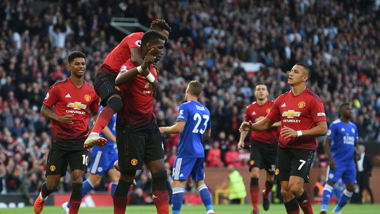 Paul Pogba is celebrates his goal with teammate, Fred