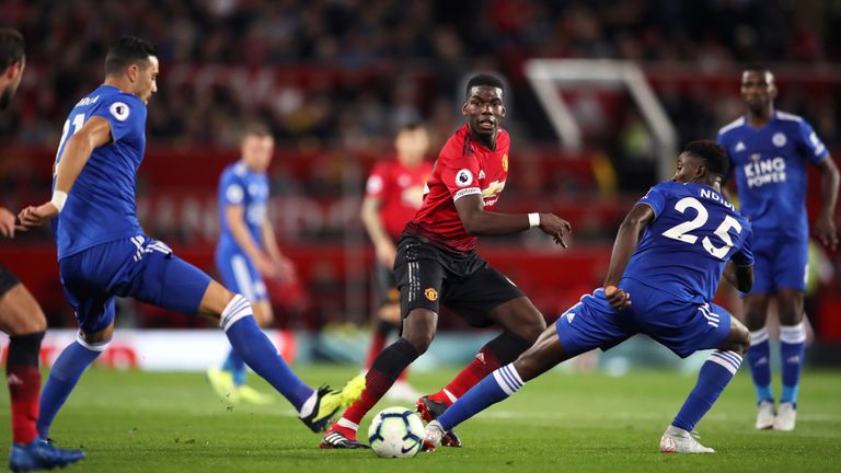 Manchester United&#39;s Paul Pogba in action during the opening 2018/19 Premier League match against Leicester City
