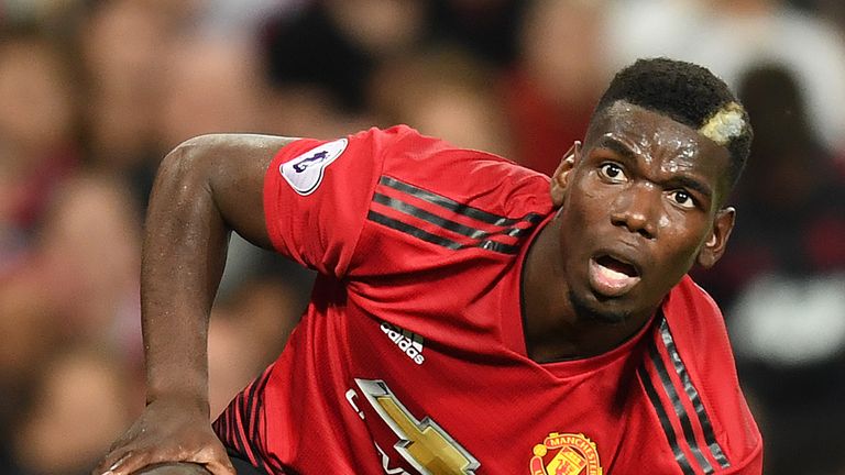  Paul Pogba of Manchester United looks on during the Premier League match between Manchester United and Tottenham Hotspur at Old Trafford on August 27, 2018 in Manchester, United Kingdom.