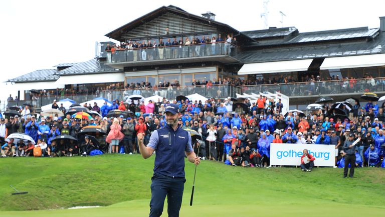 Paul Waring celebrates after clinching victory at the Nordea Masters at Hills Golf Club on August 19, 2018 in Gothenburg, Sweden.