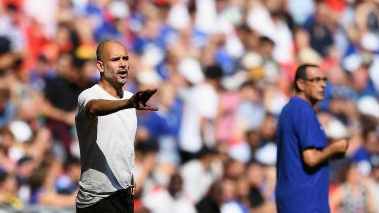 Pep Guardiola during the FA Community Shield match between Manchester City and Chelsea at Wembley Stadium on August 5, 2018